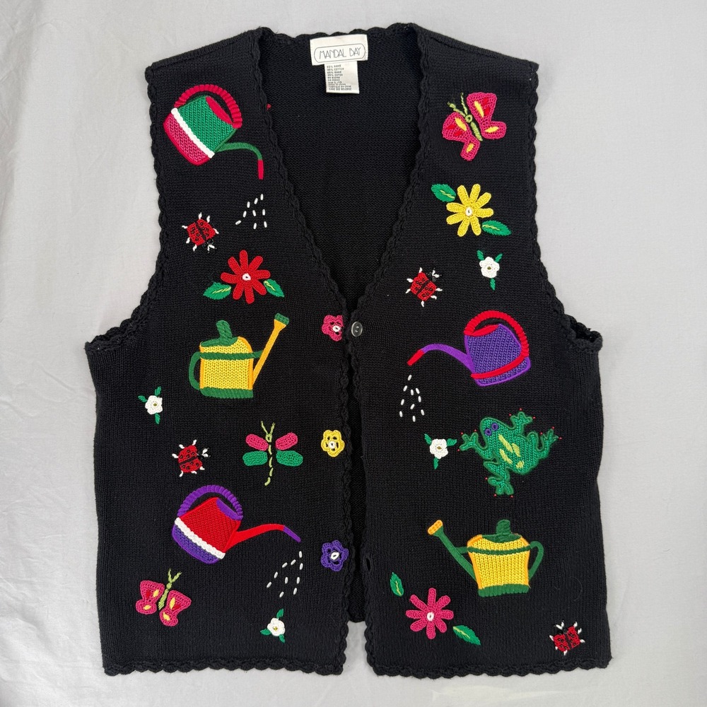 Mandal Bay Womens Garden Embroidered Knit Vest Black Ramie Cotton Large L/G